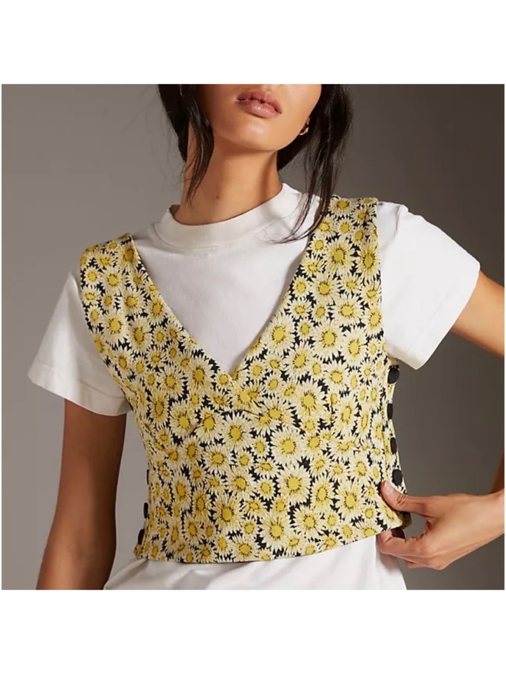 Maeve Anthropologie Floral Print Crop Knit Button Tank Top Vest Medium NEW NWT